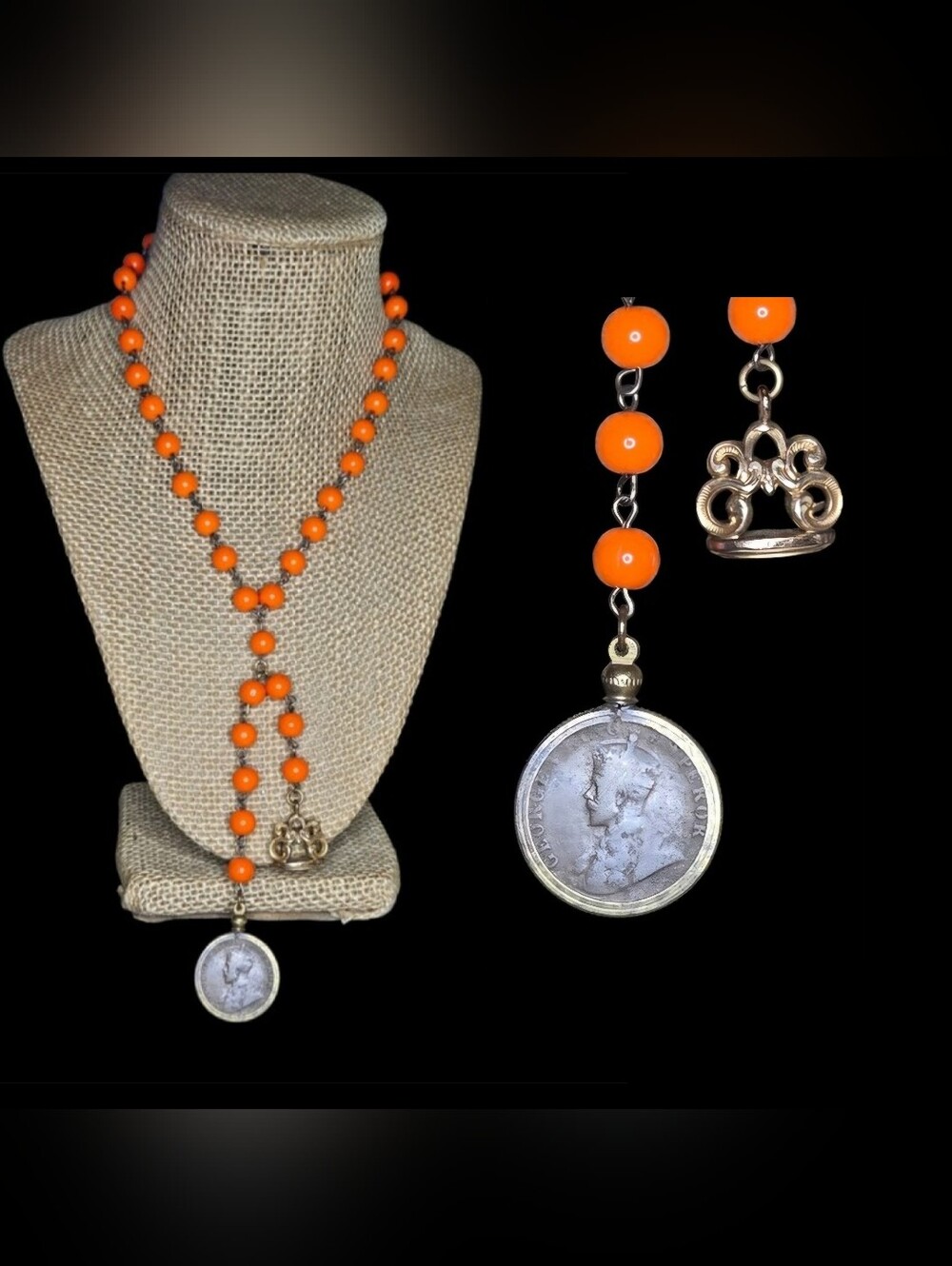 Antique 1912 British India Coin & GF Monogram Watch Fob Orange Bead Y-Necklace